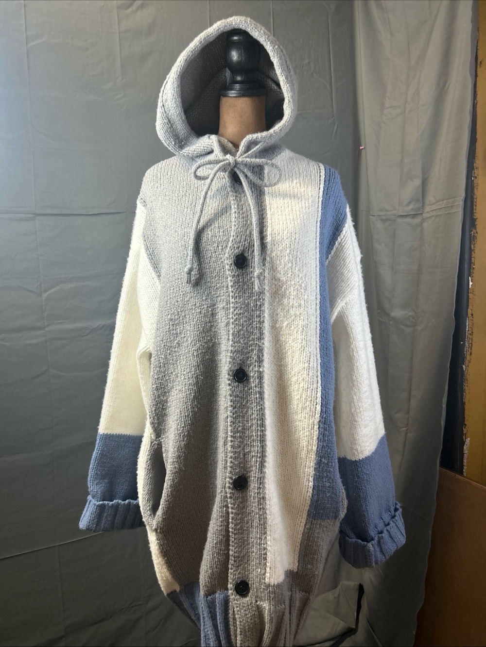 Hekka Oversized Colorblock Knit Hooded Cardigan Sweater Coat Blue Grey XXL